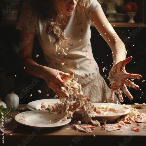 A woman in hysterics sprinkling an assortment of food, creating an enticing and flavorful dish on a plate.