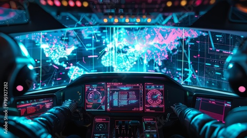 The neonlit dashboard of a delivery drone shows a dynamic map of global shipping routes pulsating with data