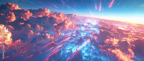 Stratosphere with pink clouds and blue and red laser beams