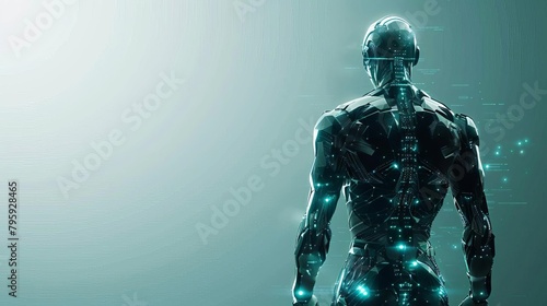 Cybernetic organism or cyborg with a mix of organic and wireframe elements