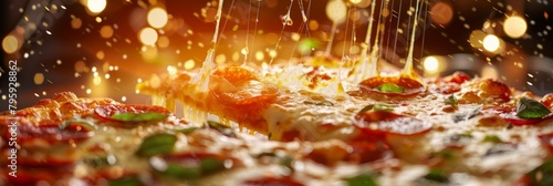 Hot pizza with melting cheese and pepperoni - An appetizing hot pizza topped with melting cheese, pepperoni, and fresh basil over a festive background with bokeh lights