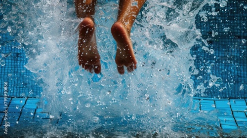 A person propels themselves from a solid surface and into a body of water, creating a splash.