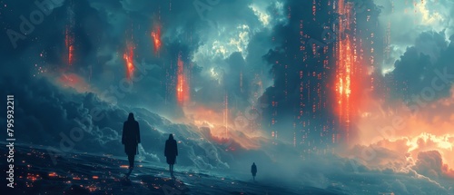 An epic fantasy landscape painting of three people walking through a mountain pass. The sky is filled with clouds and there are bolts of lightning in the distance.
