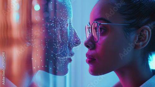 A woman with glasses looks at the AI generated face of herself.