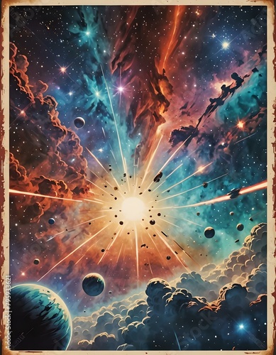retro mid-century pulp sci-fi supernova nebula illustration, aged, weathered