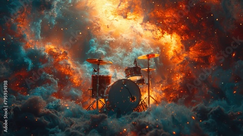 A drum set placed in the middle of a sky filled with clouds, creating a striking contrast.