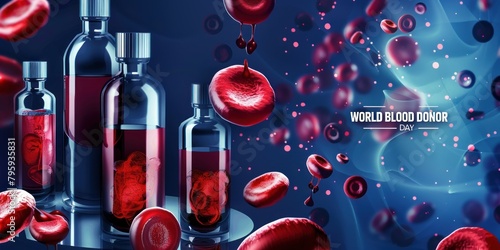 World Blood Donor Day. Medical-themed greeting card wallpaper background with trendy design of red blood contained in a bottle