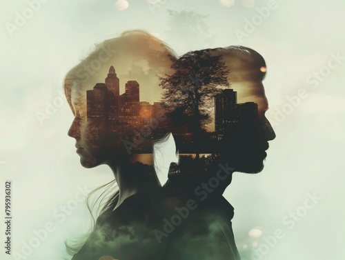 A couple silhouette background looking in different direction , in marriage clash and about to get divorce or to separate