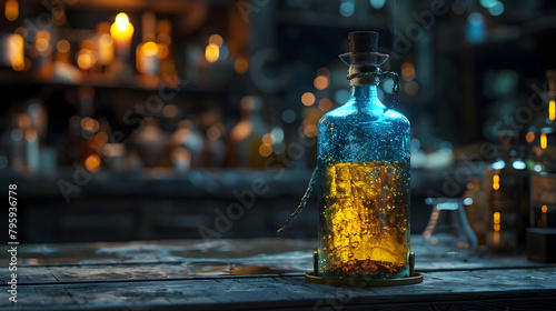 Enchanted Alchemical Elixir Bottle Glowing with Everlasting Vitality on Rustic Wooden Table