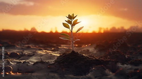 a small tree growing from divide mud with sunrise background
