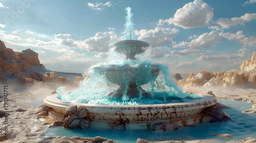 Sanctuary of the Eternal Fountain Amidst the Sands of Time:A 3D Rendered Oasis of Immortality in the Desert