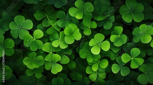 Vibrant Field of Lush Green Four-Leaf Clovers Glistening in the Sunlight