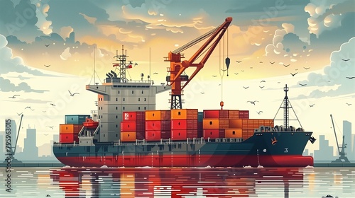 Shipping from the port involves loading and unloading a variety of ships and using cranes.