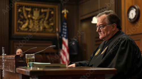 A judge presiding over a case in a courtroom