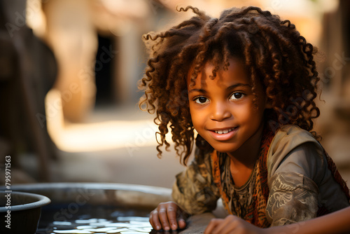 Portrait of a cute little african girl drinking water from the watering hole in Saint Louis, Senegal, Africa