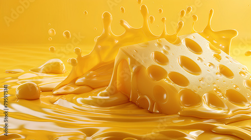 Splash of Cheese with drip and melting sauce splashing isolated on white background, cheese slice with liquid swirl, ingredients for making food