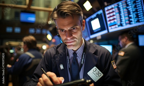 At the Wall Street Stock Exchange, a trader wears a headset and talks about stock prices while making notes with a pencil on a digital pad with a serious expression.