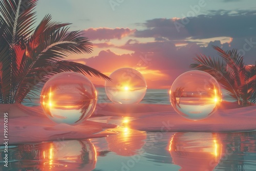 A beach scene with three large glass spheres reflecting the sun