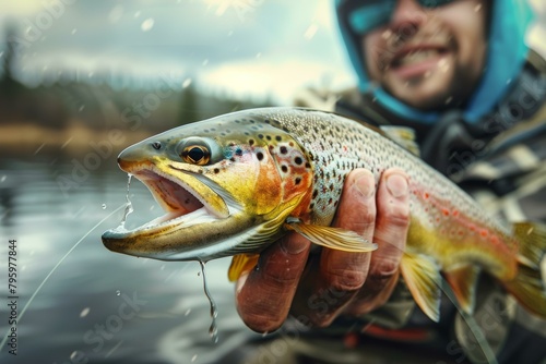 A fisherman holds a brown trout he caught in the river.