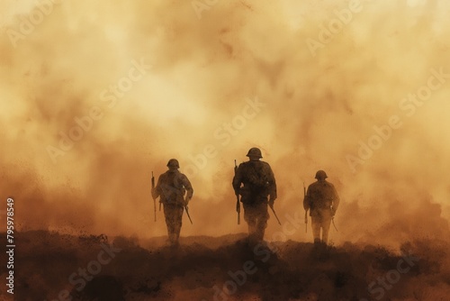 soldiers on the battlefield in world war ii, no visible faces. dusty background Illustration