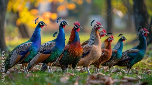 b'A group of peafowl and chickens in a park'