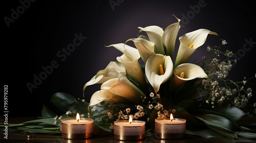b'White calla lilies and candles on a dark background'