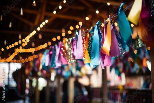 b'Multicolored paper streamers hang from the ceiling of a barn.'