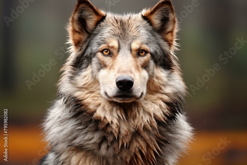 b'Portrait of a wet wolf with a light brown background'