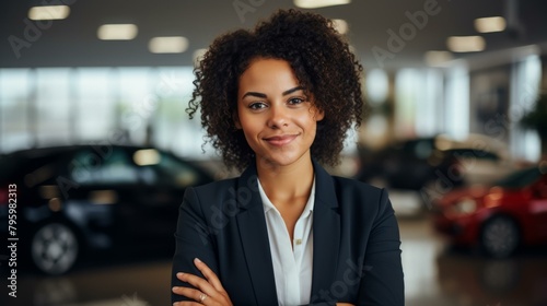 b'Confident young African American car saleswoman standing in showroom with arms crossed'