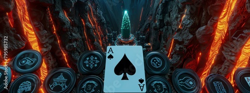 Ace of spades icon on an app surrounded by game buttons, set against a backdrop of a cathedral-like lava tube and jade comet, in abstract style from an imaginative angle, 