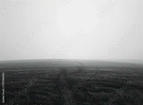 b'Black and white photo of a grass field with a dirt path going through it'