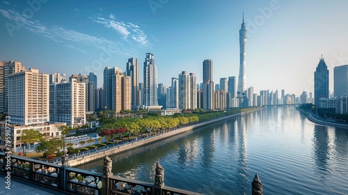 b'Canton Tower and Guangzhou city view from the Haizhu Bridge'