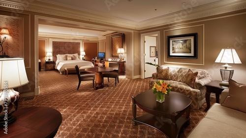 High-end hotel suite with luxurious furnishings, plush seating, and decorative tables that enhance the sophisticated decor