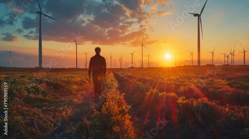 b'Man walking through a field of wind turbines at sunset'