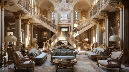 b'A grand living room with a double staircase and crystal chandelier'