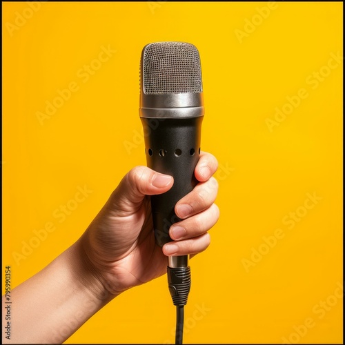 b'A hand holding a microphone against a yellow background'