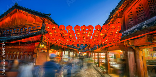 Chinese lanterns in Lijiang old town with crowd tourist , Yunnan China.