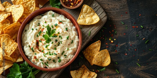 Homemade sour cream and onion dip with tortilla chips