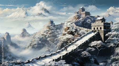 b'great wall of china illustration snow covered'