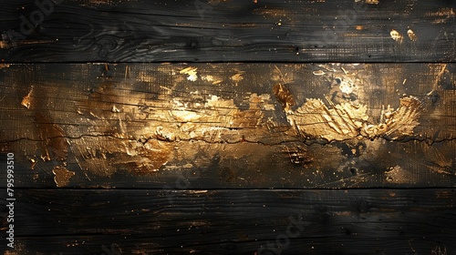 A striking piece of art with gold leaf applied on black wooden planks, offering a rustic yet opulent visual texture.