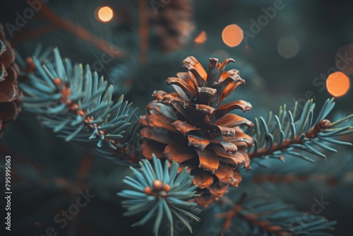 a cone on a branch of a blue spruce