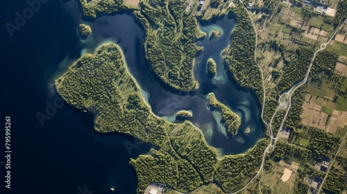 b'islands and peninsulas in a lake'