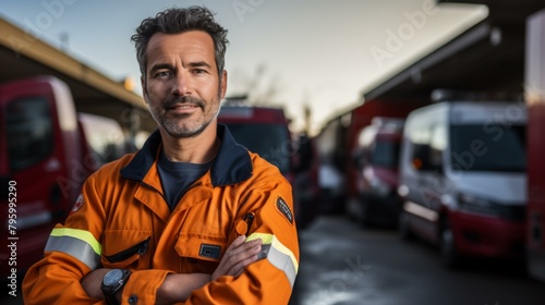 b'Portrait of a male firefighter in front of fire trucks'