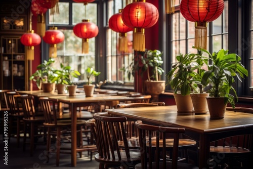 b'Ornate Chinese restaurant with red lanterns and plants'