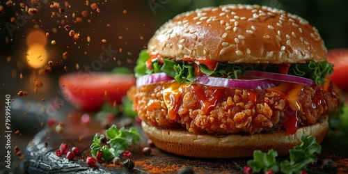 Crispy fried chicken sandwich with lettuce, tomato, onion, and cheese