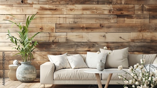 Stylish home decor with a chic beige sofa, an eye-catching flowerpot, and textured wooden walls for a modern rustic vibe