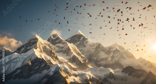 Mountain landscape with birds flying in the sky at sunset, Nepal