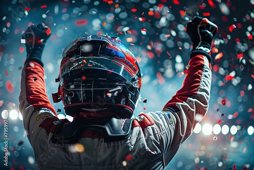 A car racer celebrating his winning in race with lots of confetti and celebration type environment with a big space for text or product advertisement background, Generative AI.