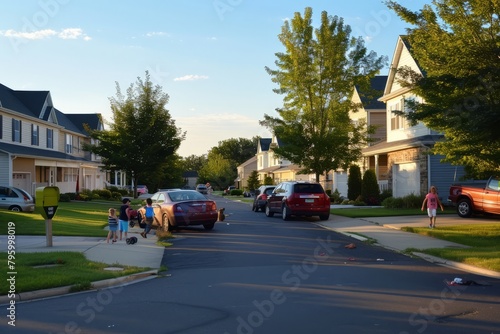 A suburban cul-de-sac with children playing in the street and parked cars lining the curbs, Generative AI