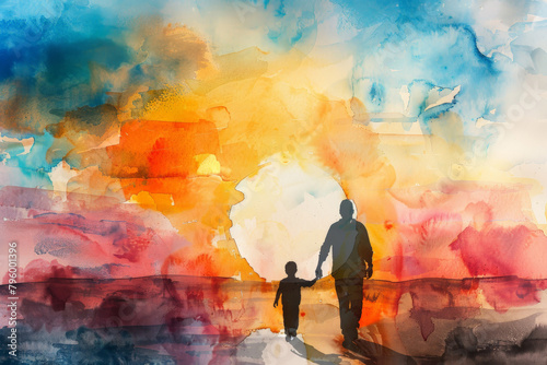 A man and a child are walking together in a field at sunset. father day concept. ai generative